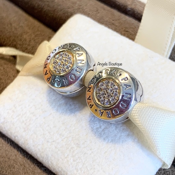 Pandora Two Tone Signature Earrings And Clips - Picture 3 of 8
